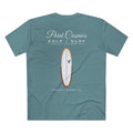 Point Cosmos Surfboard Tee in slate blue, back, illustrated surfboard and From Tee to Shining Sea