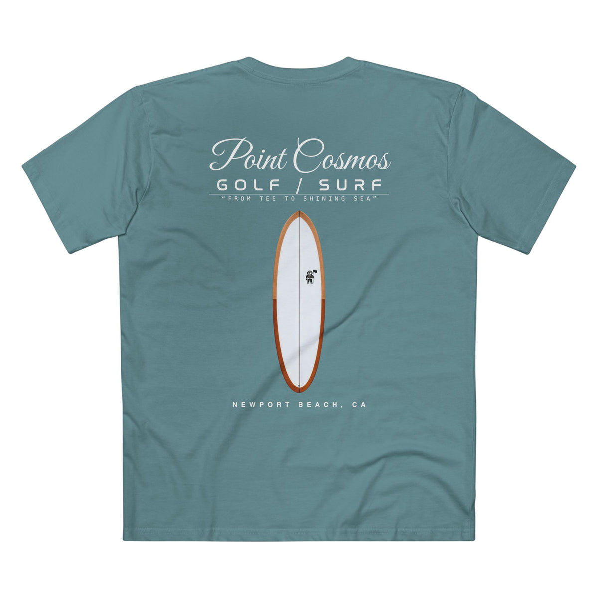 Point Cosmos Surfboard Tee in slate blue, back, illustrated surfboard and From Tee to Shining Sea