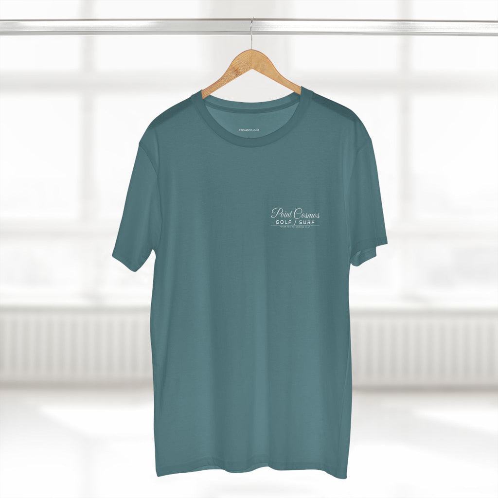 Point Cosmos Surfboard Tee in slate blue on hanger, front chest print