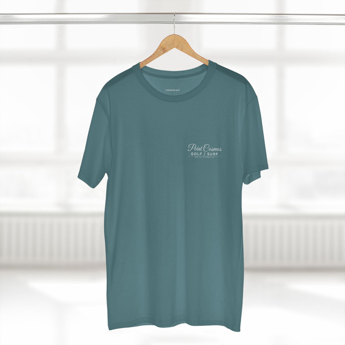 Point Cosmos Surfboard Tee in slate blue on hanger, front chest print