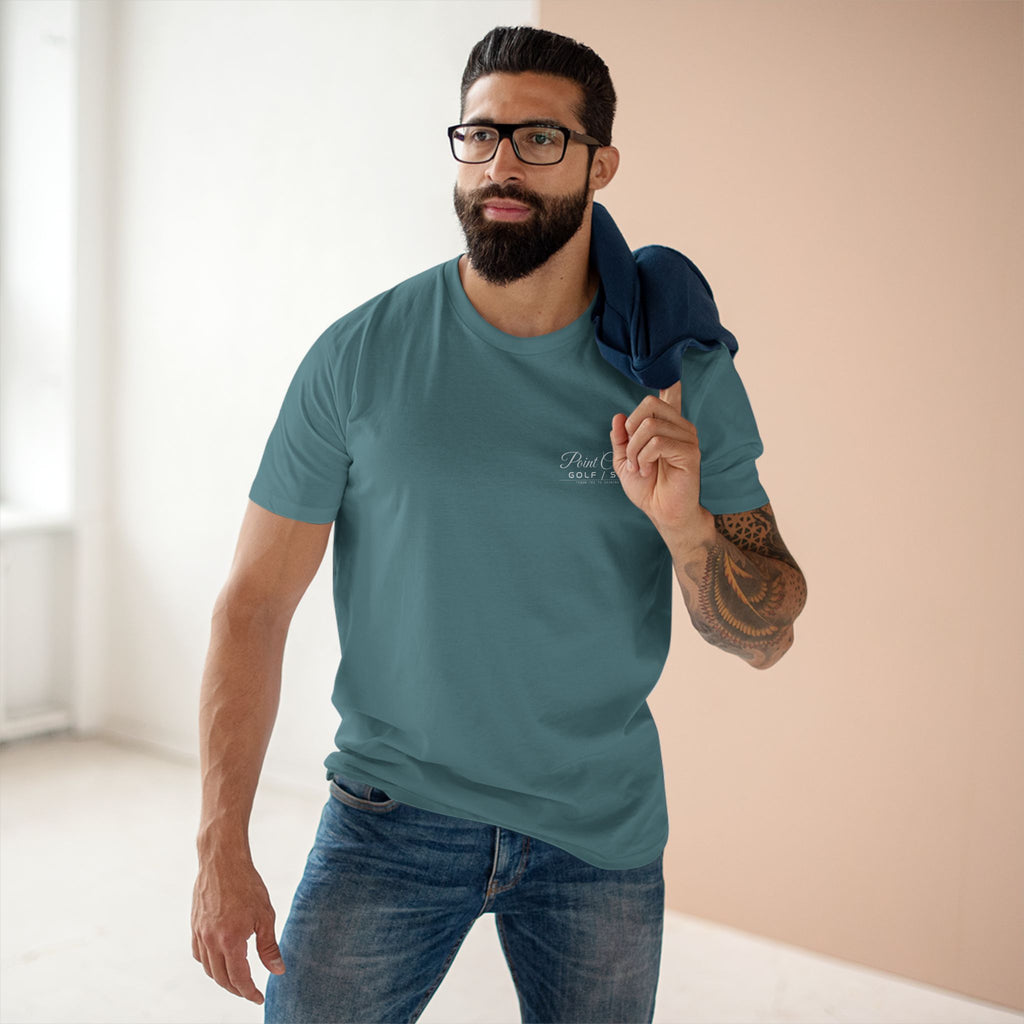 Point Cosmos Surfboard Tee in slate blue, on model, front chest print