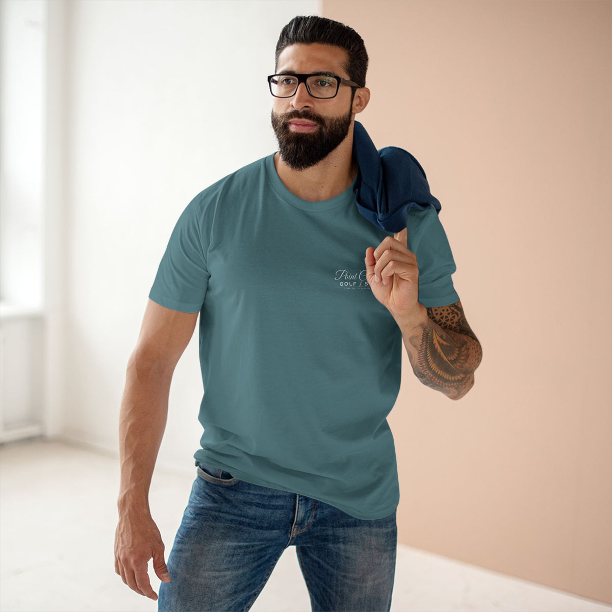 Point Cosmos Surfboard Tee in slate blue, on model, front chest print