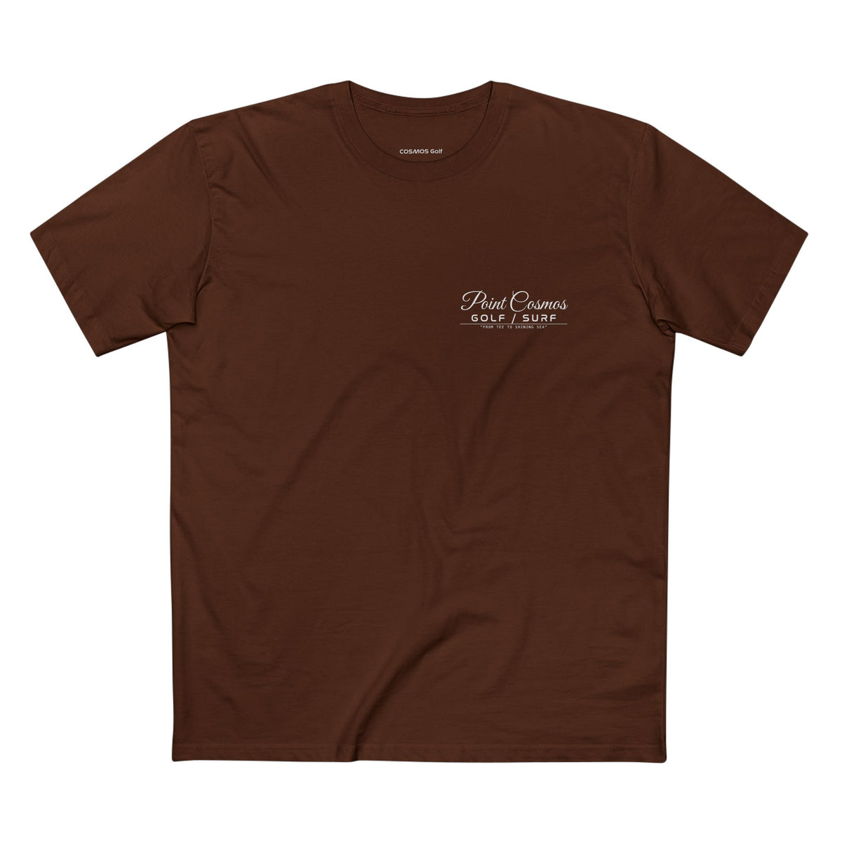Point Cosmos Surfboard Tee in dark chocolate, front, GOLF / SURF chest print