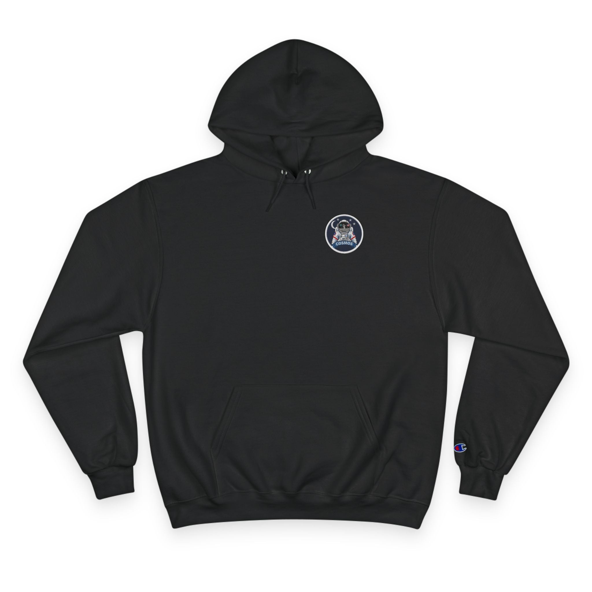 Champion Hoodie — Minimal Black Hoodie with Small Chest Patch Logo