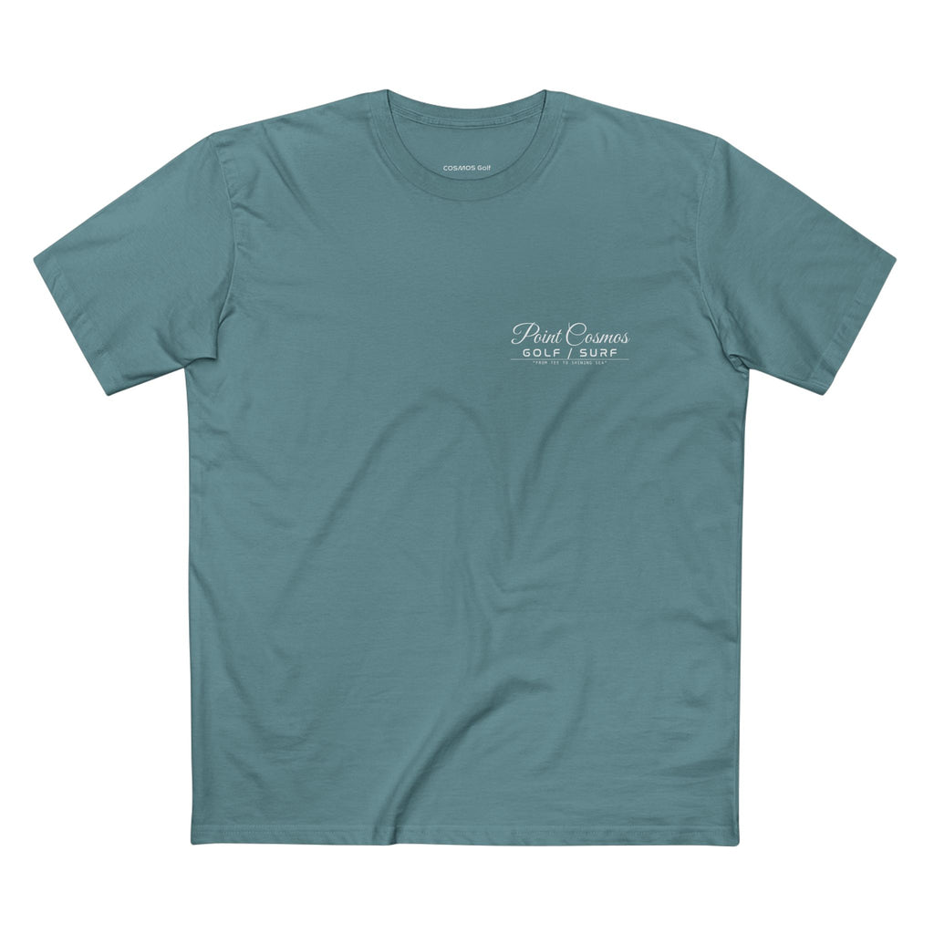Point Cosmos Surfboard Tee in slate blue, front, GOLF / SURF chest print