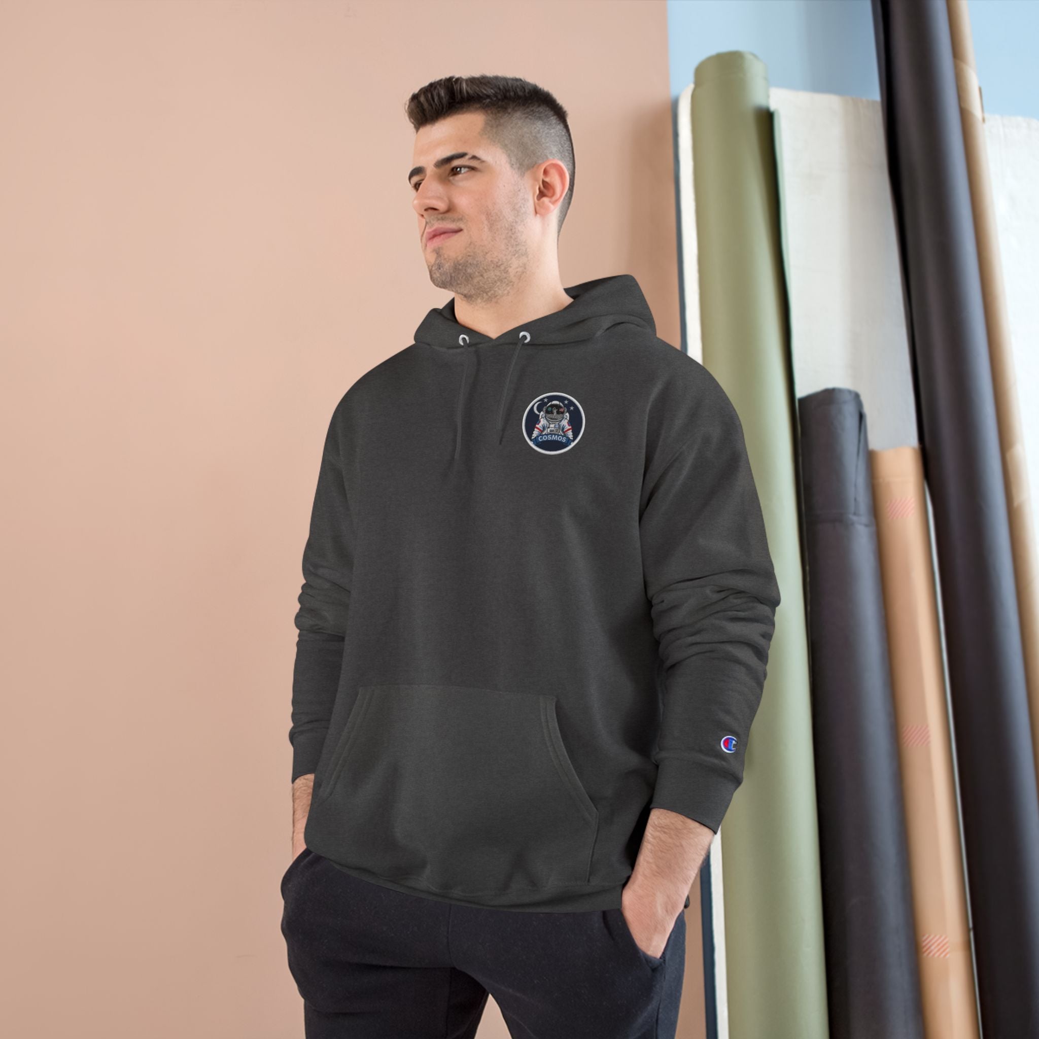 Champion Hoodie — Minimal Black Hoodie with Small Chest Patch Logo